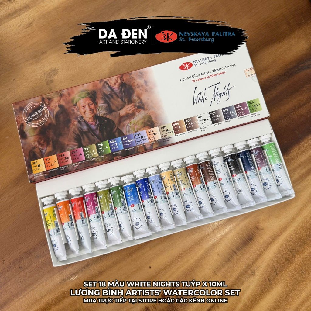 [DA ĐEN] Set 18 Màu Nước Tuýp x 10ml hãng White Nights - Phiên Bản Họa Sĩ Lương Bình Sellection