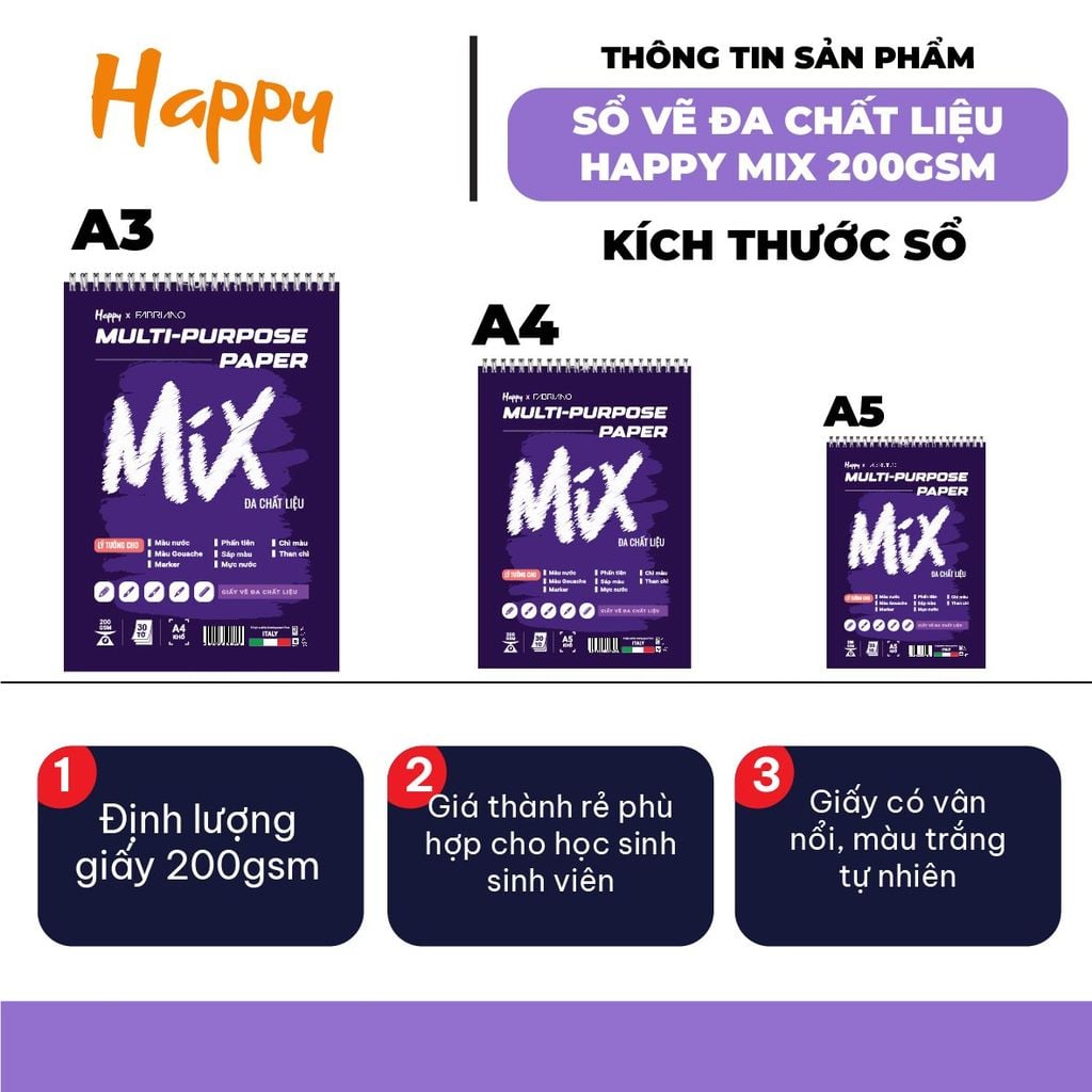 Sổ Vẽ Đa Chất Liệu Happy Multi Purpose 200gsm 30 Tờ