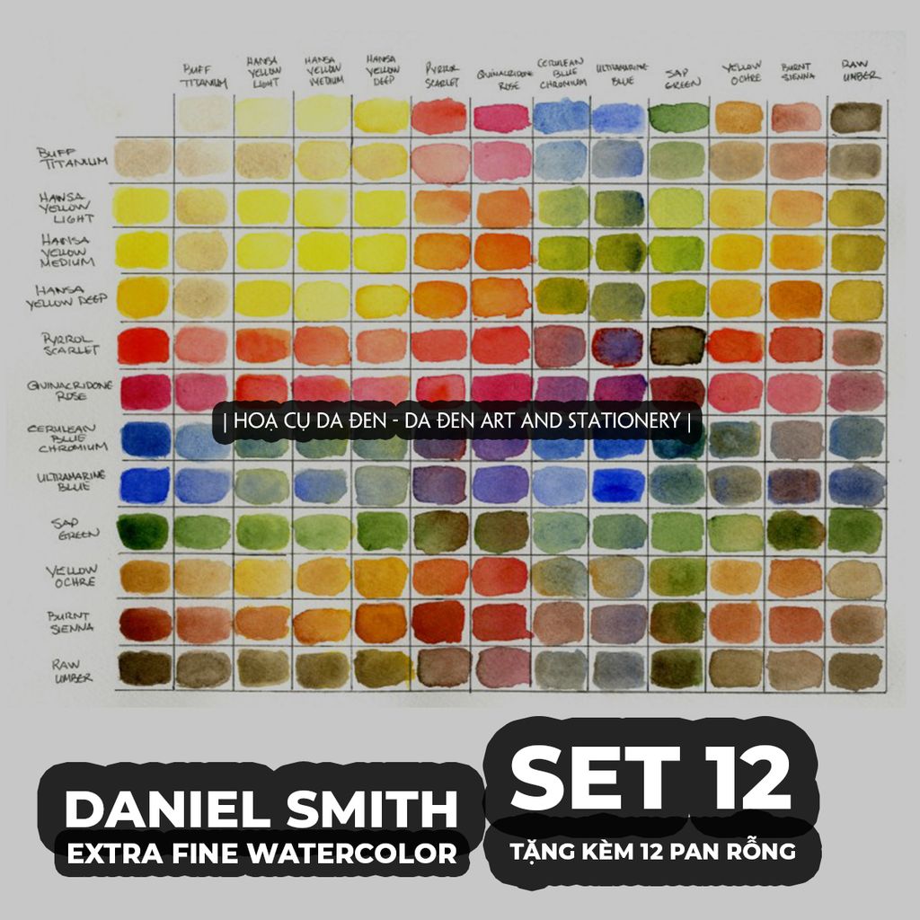[DA ĐEN] Daniel Smith - Set 12 Màu Nước Nén tặng kèm 12 half pans