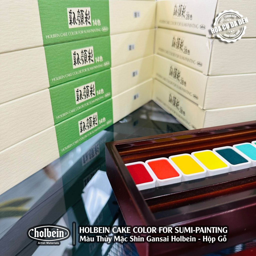 [DA ĐEN] Màu thủy mặc Shin Gansai Holbein Hộp Gỗ - Cake Color for Sumi Painting