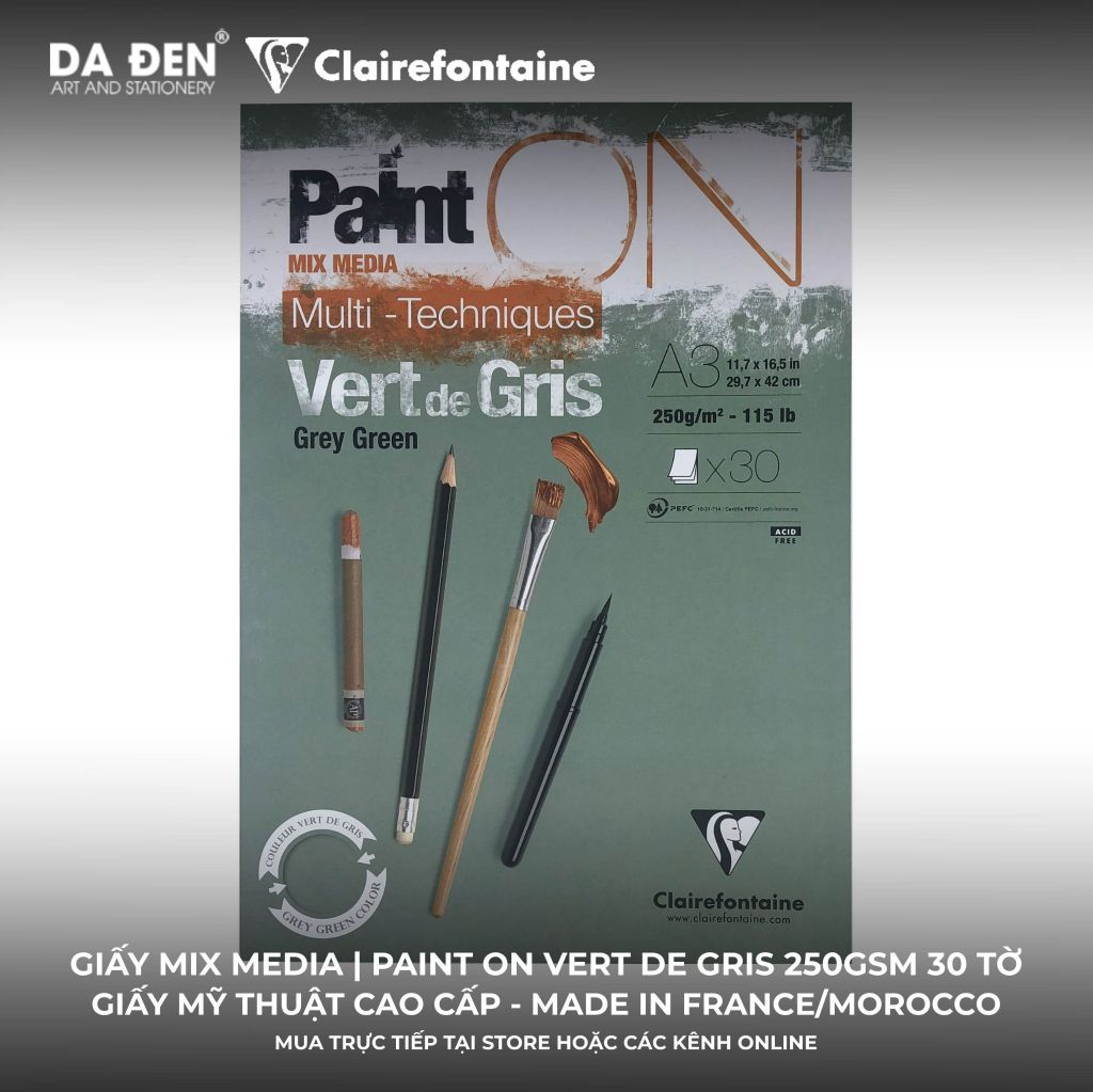[DA ĐEN] Sổ Mix Media Clairefontaine Paint ON Vert de Gris 250gsm 30 Tờ