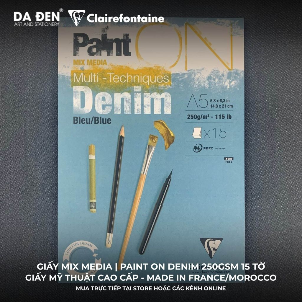 [DA ĐEN] Sổ Mix Media Clairefontaine Paint ON Denim 250gsm 15 Tờ