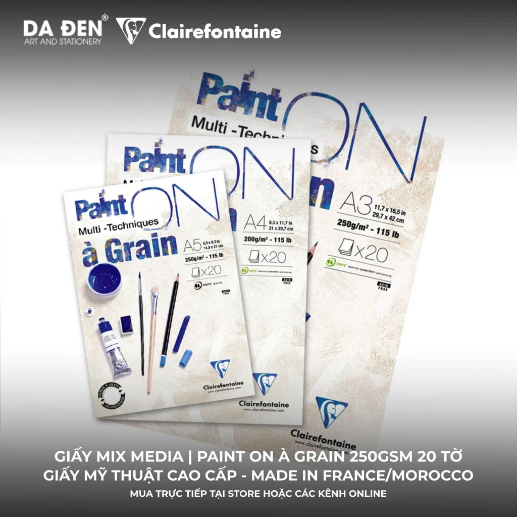 [DA ĐEN] Sổ Mix Media Clairefontaine Paint ON À GRAIN 250gsm 20 Tờ