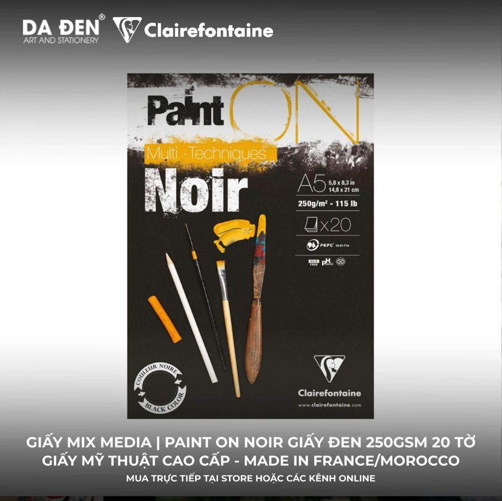[DA ĐEN] Sổ Mix Media Clairefontaine Paint ON Noir Giấy Đen 250gsm 20 Tờ