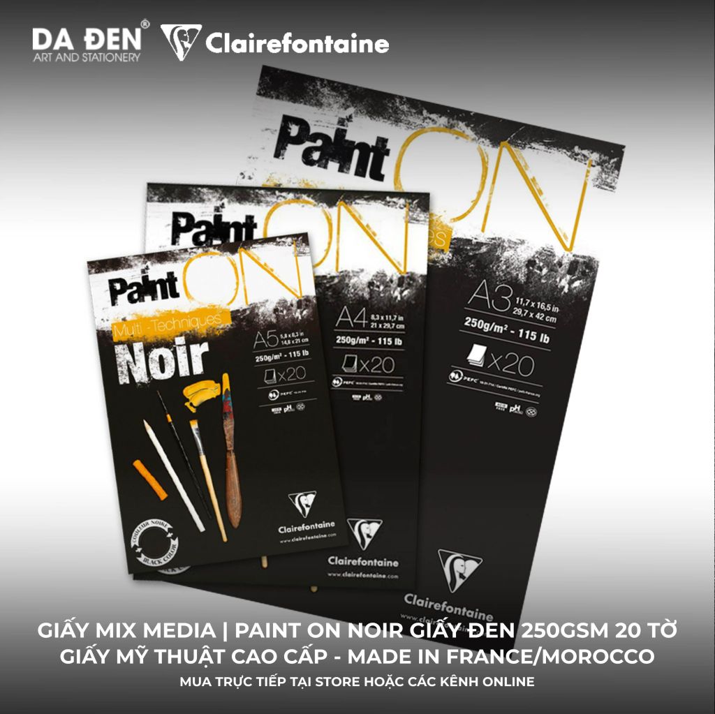 [DA ĐEN] Sổ Mix Media Clairefontaine Paint ON Noir Giấy Đen 250gsm 20 Tờ