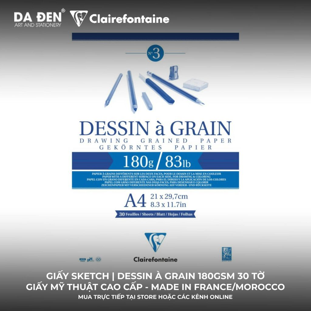 [DA ĐEN] Sổ Vẽ Chì Sketch Clairefontaine Dessin à Grain 180gsm 30 Tờ