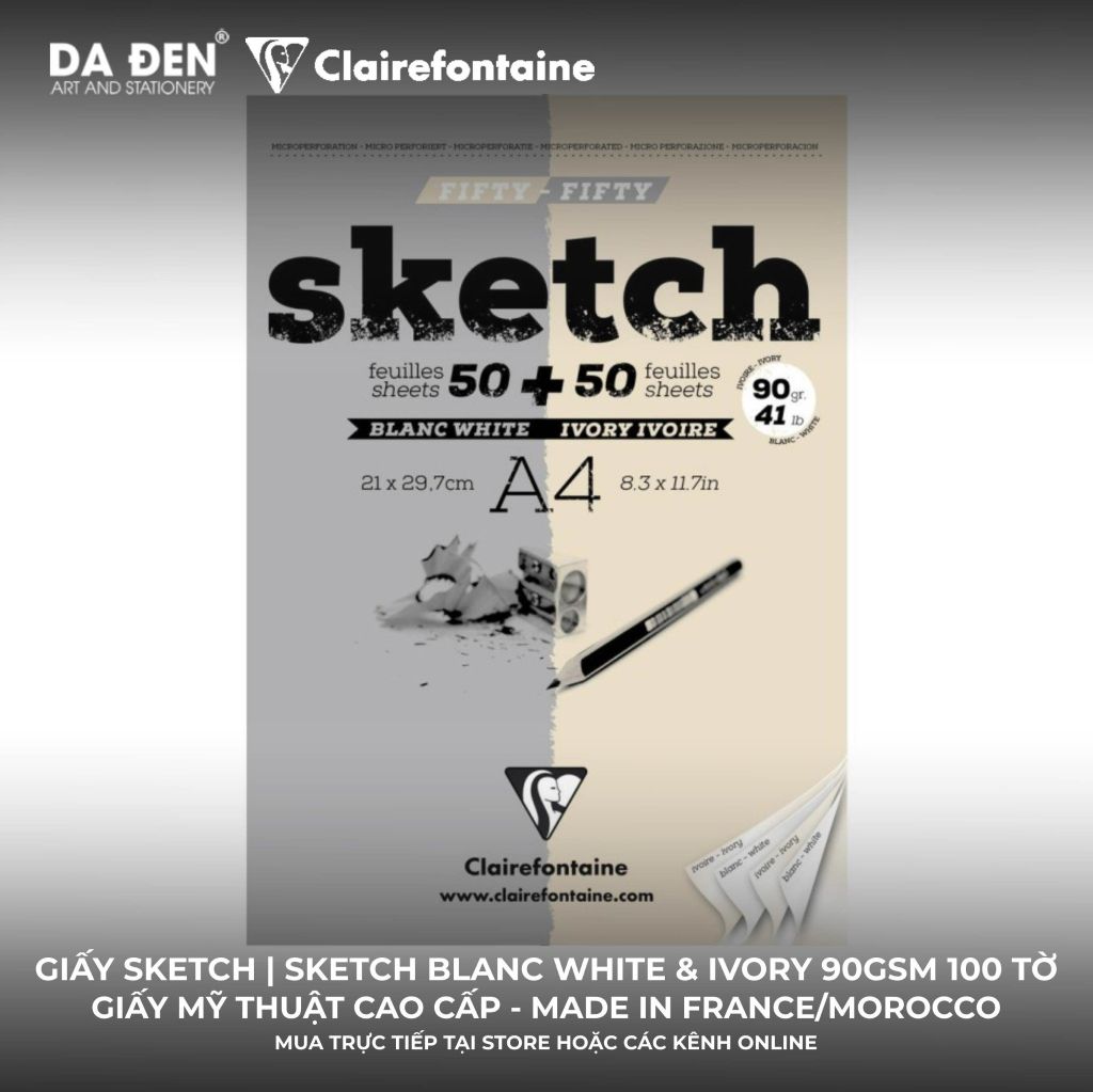 [DA ĐEN] Sổ Vẽ Chì Sketch Clairefontaine Fifty Fifty 90gsm 100 Tờ A4