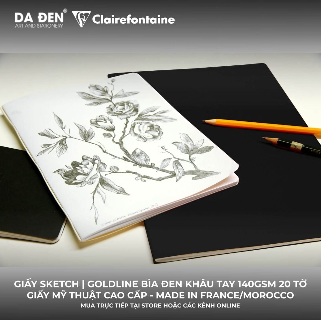 [DA ĐEN] Sổ Vẽ Chì Sketch Clairefontaine Goldline Bìa Đen Khâu Tay 140gsm 20 Tờ