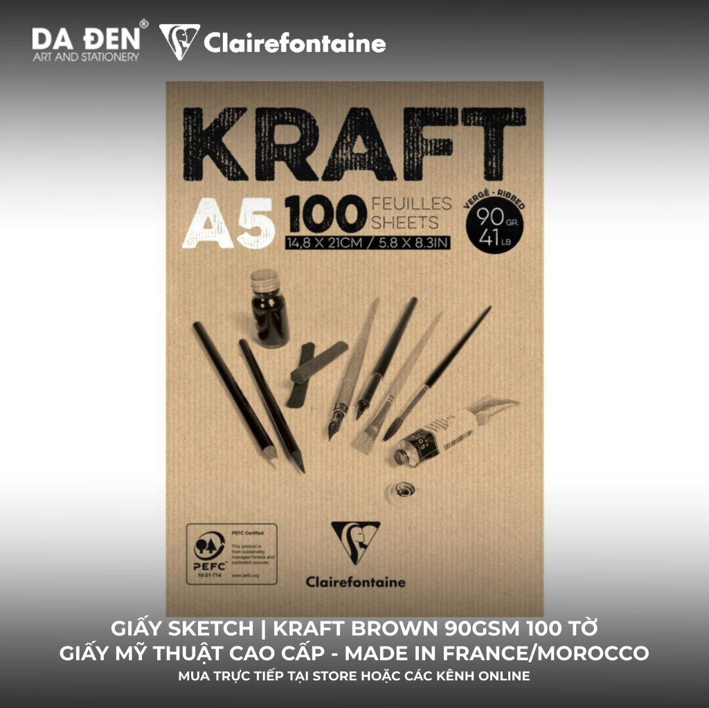 [DA ĐEN] Sổ Vẽ Sketch Clairefontaine Brown Kraft 90gsm 100 Tờ