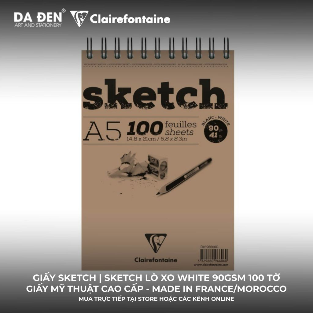 [DA ĐEN] Sổ Vẽ Sketch Clairefontaine Sketch Lò Xo 90gsm 100 Tờ