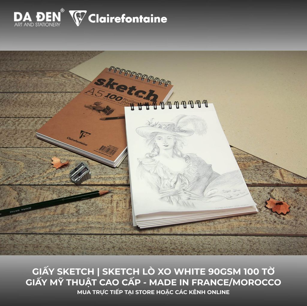 [DA ĐEN] Sổ Vẽ Sketch Clairefontaine Sketch Lò Xo 90gsm 100 Tờ