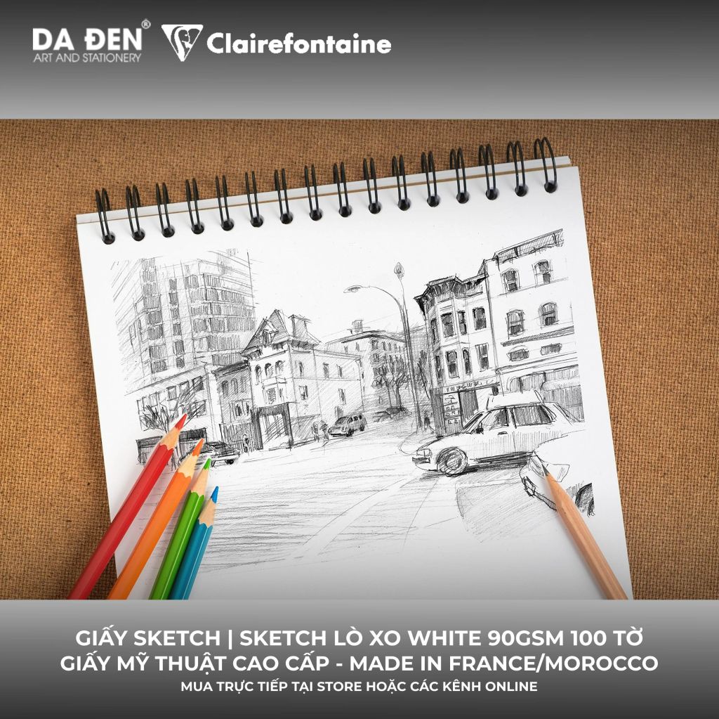 [DA ĐEN] Sổ Vẽ Sketch Clairefontaine Sketch Lò Xo 90gsm 100 Tờ