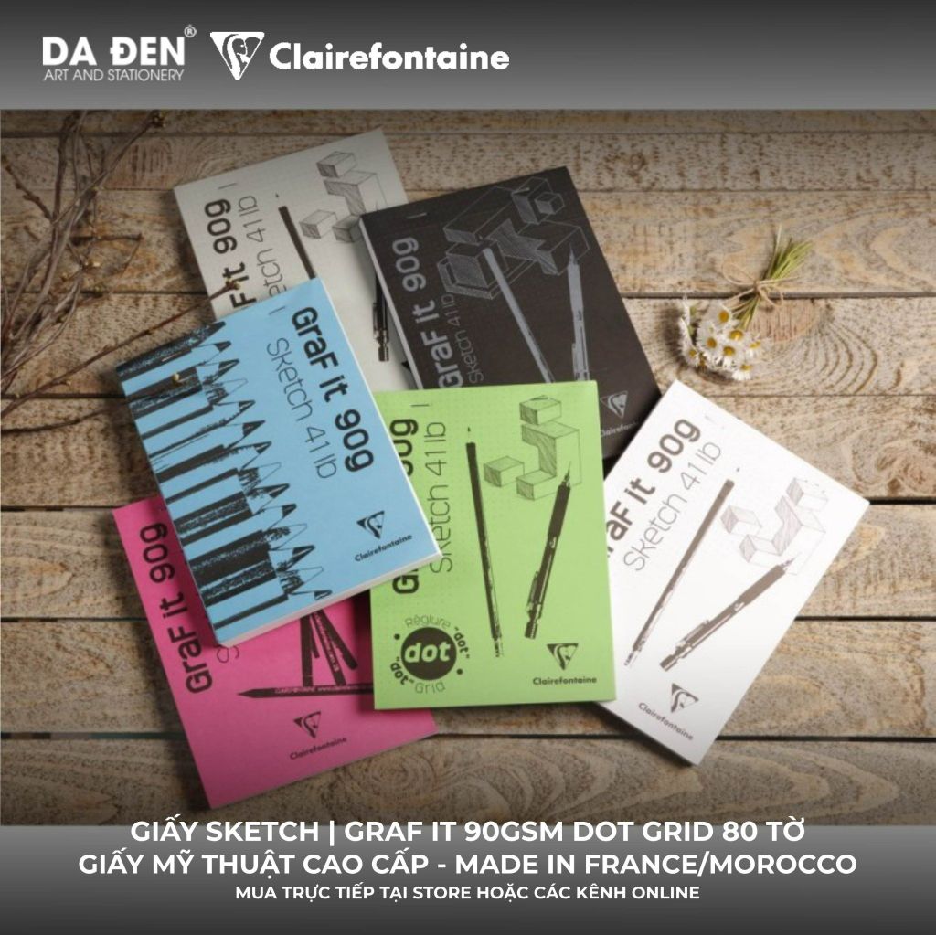 [DA ĐEN] Sổ Vẽ Sketch Clairefontaine Graf it Giấy Dot Grid 90gsm 80 Tờ Sketch 41lb