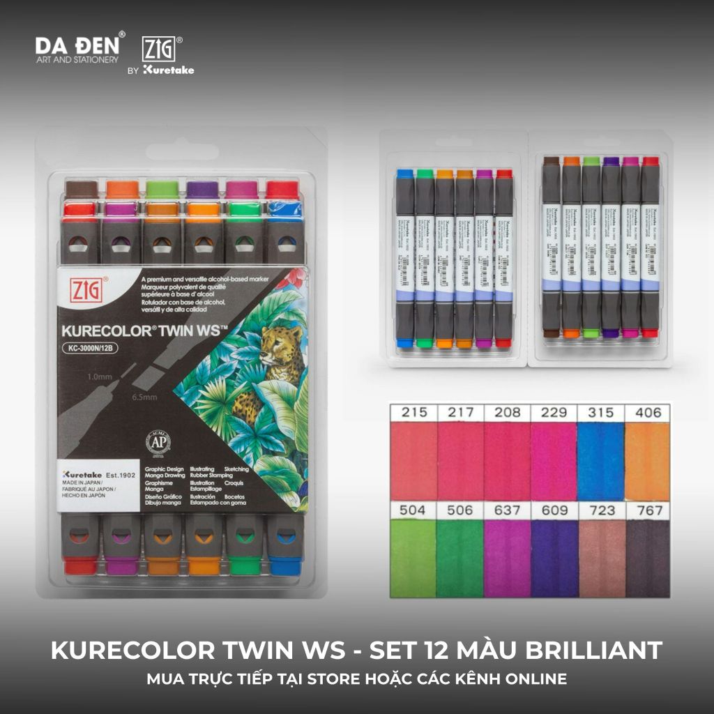 [DA ĐEN] Set 12 Bút Marker 2 Đầu ZIG Kurecolor KC3000