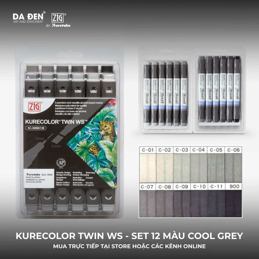 [DA ĐEN] Set 12 Bút Marker 2 Đầu ZIG Kurecolor KC3000