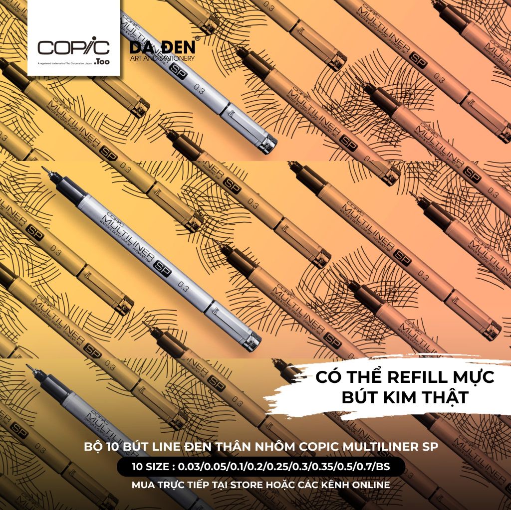 [DA ĐEN] Bộ 10 Bút Kim Thật Copic Multiliner SP Thân Nhôm