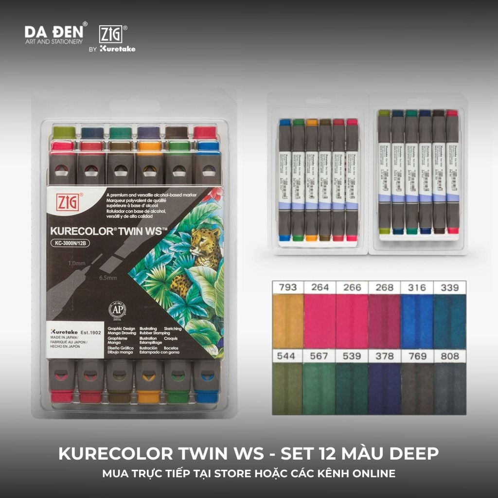[DA ĐEN] Set 12 Bút Marker 2 Đầu ZIG Kurecolor KC3000