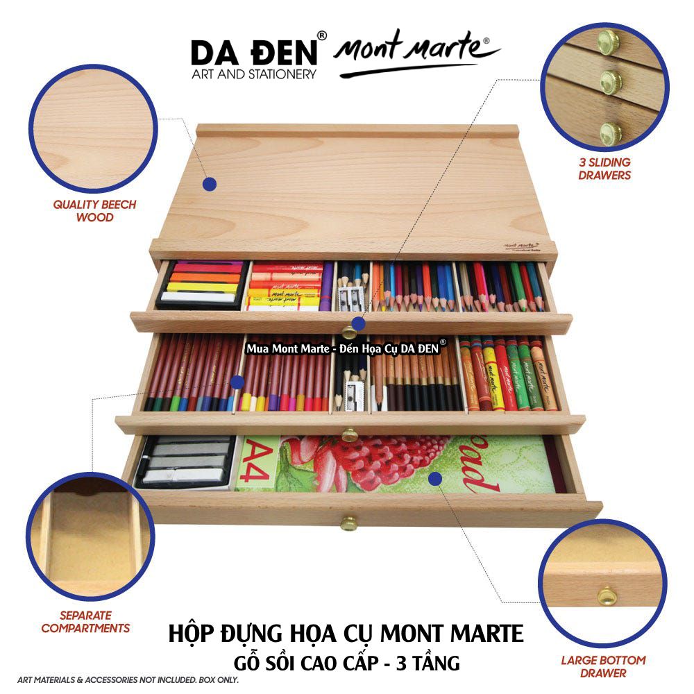 [DA ĐEN] Hộp Đựng Họa Cụ Gỗ Sồi Cao Cấp Pastel Box Mont Marte 3 Tầng