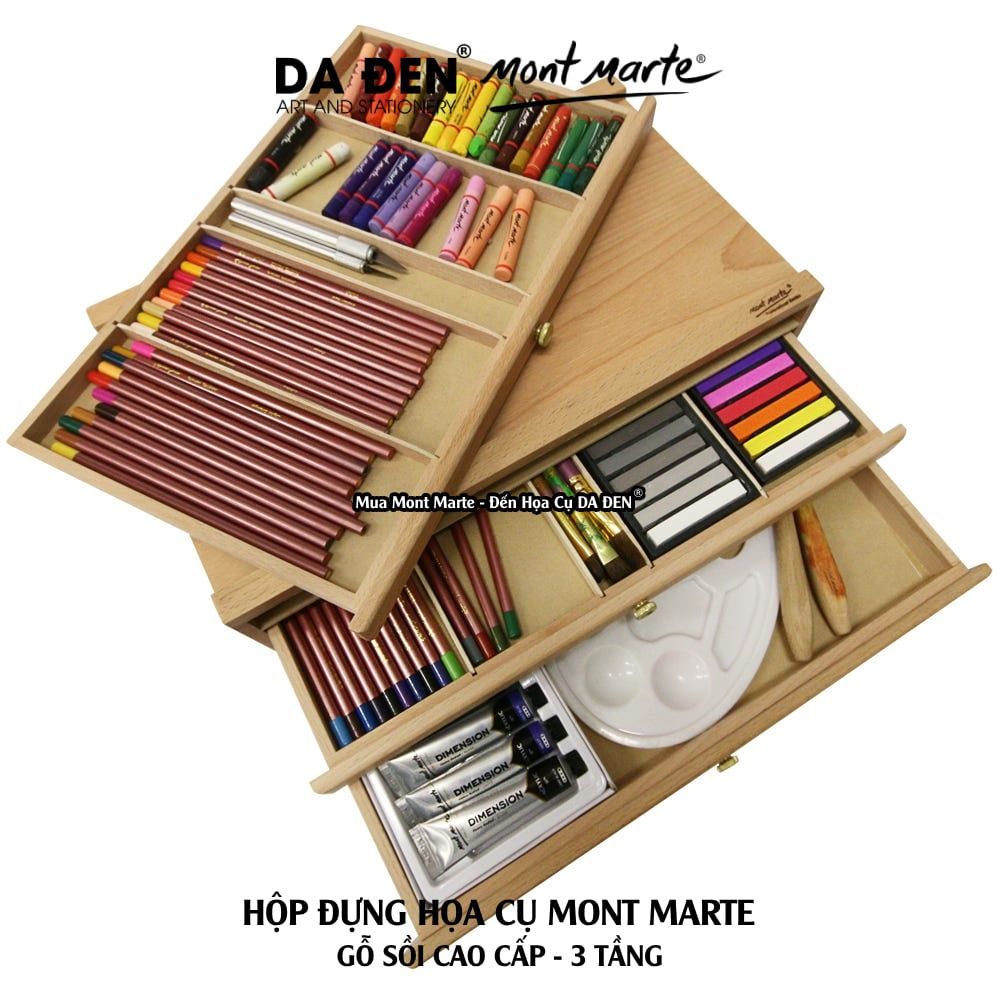 [DA ĐEN] Hộp Đựng Họa Cụ Gỗ Sồi Cao Cấp Pastel Box Mont Marte 3 Tầng