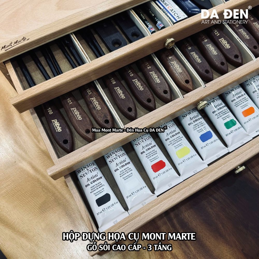 [DA ĐEN] Hộp Đựng Họa Cụ Gỗ Sồi Cao Cấp Pastel Box Mont Marte 3 Tầng