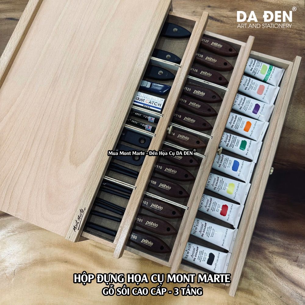 [DA ĐEN] Hộp Đựng Họa Cụ Gỗ Sồi Cao Cấp Pastel Box Mont Marte 3 Tầng