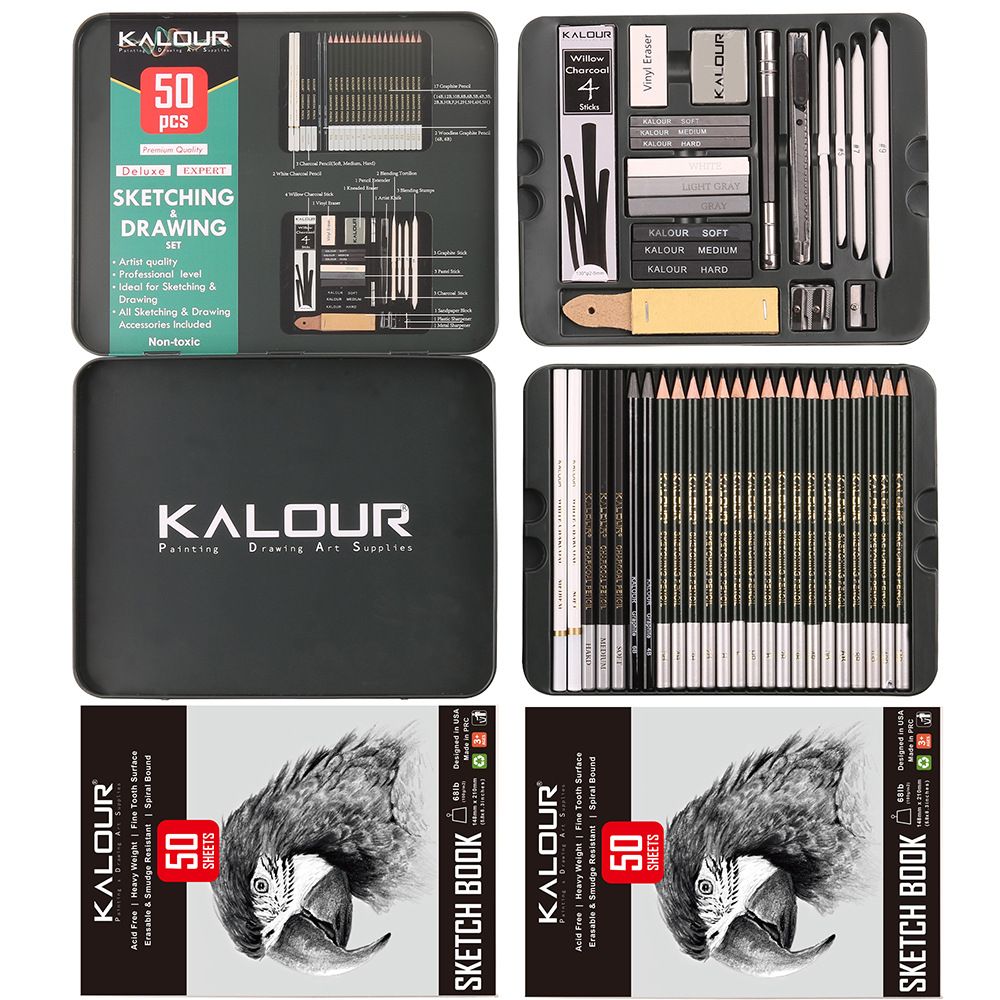 Bộ 50 Món Phác Thảo Hộp Thiếc Kèm 2 Skechbook Kalour