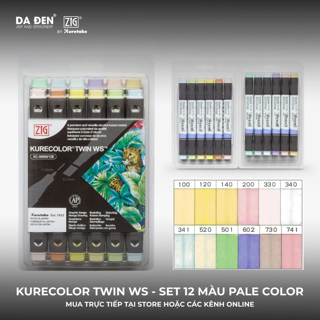 [DA ĐEN] Set 12 Bút Marker 2 Đầu ZIG Kurecolor KC3000