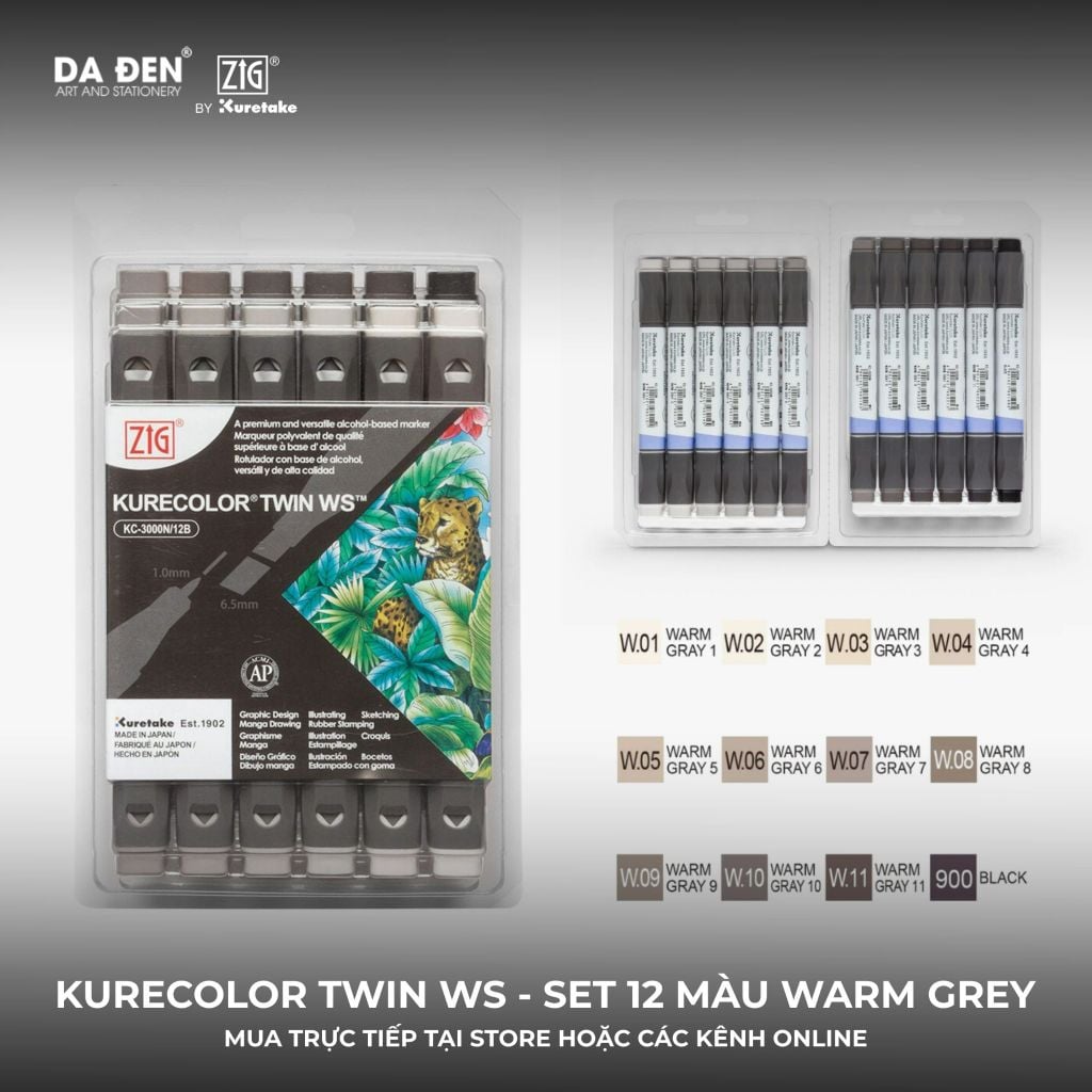 [DA ĐEN] Set 12 Bút Marker 2 Đầu ZIG Kurecolor KC3000