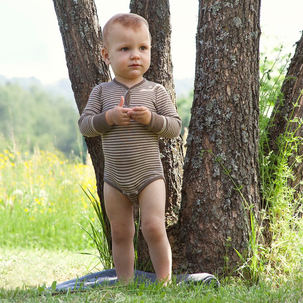  ENGEL Bodysuit dài tay nút cổ 70% Merino wool 30% Silk Walnut/Natural 