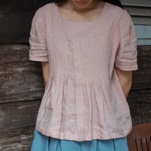  Áo linen xếp ly xòe vai phồng | Nude Pink European linen shirt | CHOI SEWING | PRE-ORDER 
