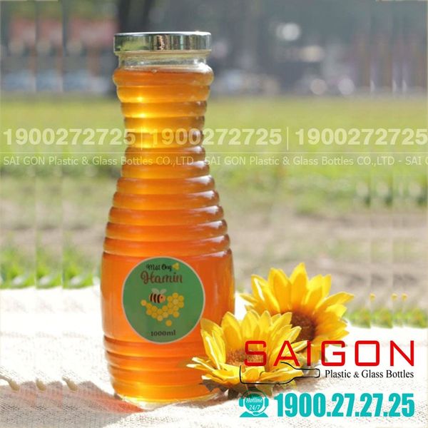 Hũ Thủy Tinh Cao Hình Ong 1000ml Nắp Nhựa Xi Bạc