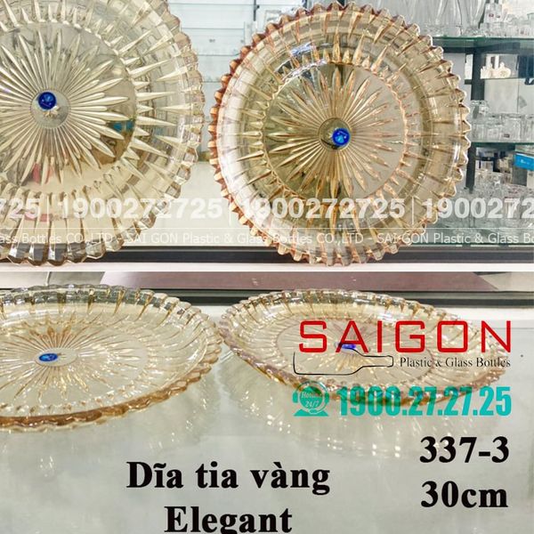 ELEGANT JZ-337-3V - Dĩa Thủy Tinh Cạn Tròn Tia Vàng Elegant Đường Kính 30.0cm | Thủy Tinh Màu Cao Cấp