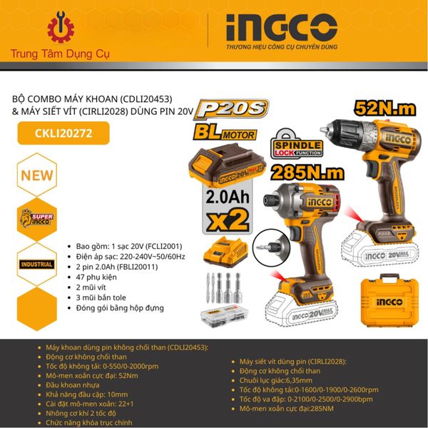 BỘ COMBO MÁY KHOAN (CDLI20453) & MÁY SIẾT VÍT (CIRL12028) DÙNG PIN 20V INGCO CKLI20272
