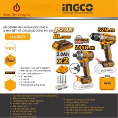 BỘ COMBO MÁY KHOAN (CDLI20453) & MÁY SIẾT VÍT (CIRL12028) DÙNG PIN 20V INGCO CKLI20272