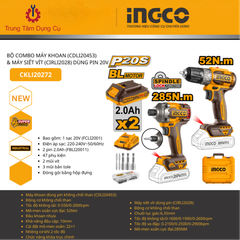 Bộ combo máy khoan (CDLI20453) & máy siết vít (CIRLI2028) Dùng pin 20V Ingco CKL120272