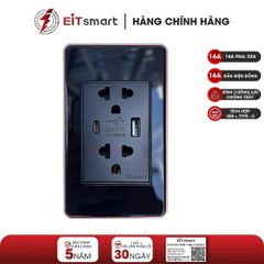 Ổ cắm đôi 3 chấu + USB + Type-C 5V/2.1A EITsmart, Mặt kính cường lực – Viền nhôm, FC-Glass Series, 15A+2100mA