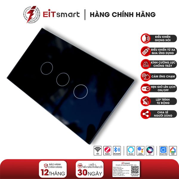 Công Tắc Cảm Ứng Thông Minh EITsmart, Kính Cường Lực, kết nối WiFi / Zigbee – 03 Nút ESW1103WB (Đen)