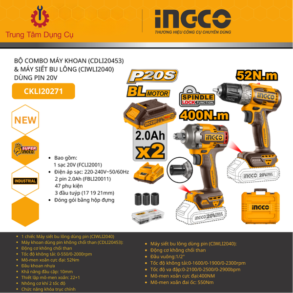 BỘ COMBO MÁY KHOAN (CDLI20453) & MÁY SIẾT BU LÔNG (CIWLI2040) DÙNG PIN 20V INGCO CKLI20271
