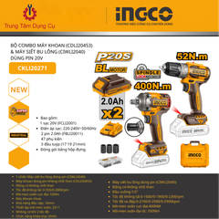 BỘ COMBO MÁY KHOAN (CDLI20453) & MÁY SIẾT BU LÔNG (CIWLI2040) DÙNG PIN 20V INGCO CKLI20271