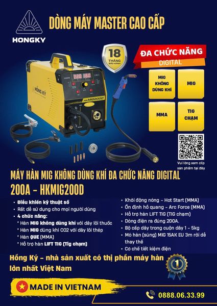 Máy hàn đa chức năng MIG không dùng khí QUE, TIG digital 200 Ampe 220V - HKMIG200D