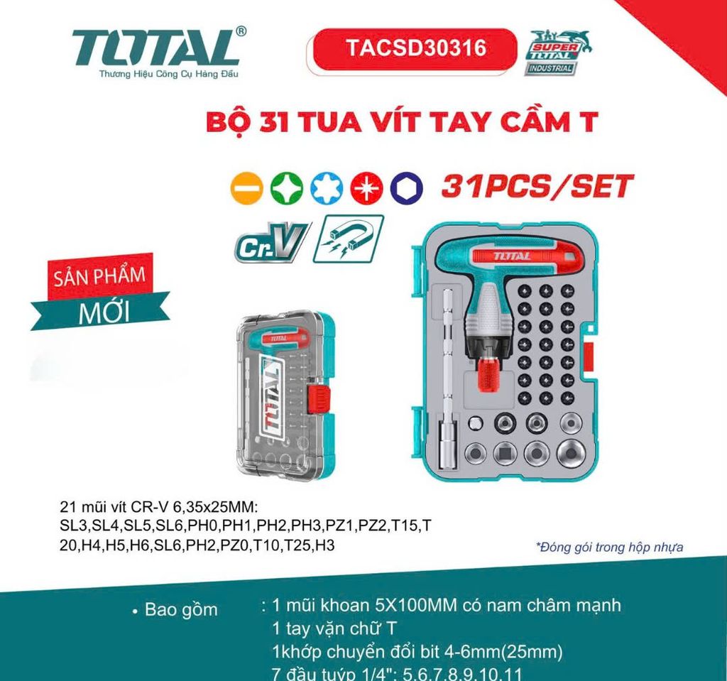 BỘ 31 TUA VÍT TAY CẦM T 31PCS/SET TOTAL TACSD30316