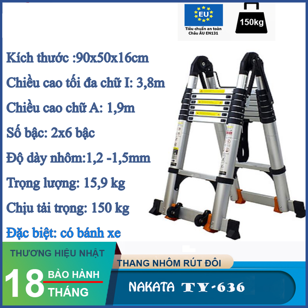 Thang nhôm rút đôi chữ A NAKATA 3m8 - TY636 (Đai đen) TY636