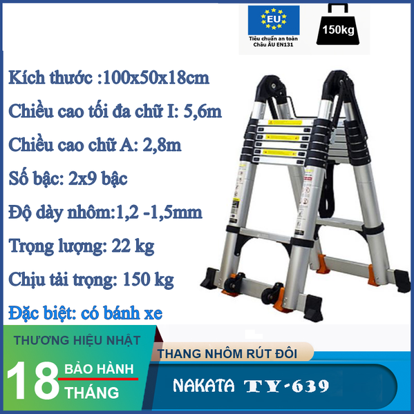 Thang nhôm rút đôi chữ A NAKATA 5m6 - TY639 ( Đai đen) TY639