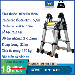 Thang nhôm rút đôi chữ A NAKATA 5m6 - TY639 ( Đai đen) TY639