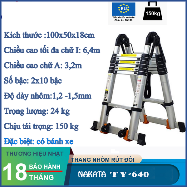 Thang nhôm rút đôi chữ A NAKATA 6m4 - TY640 ( Đai đen) TY640