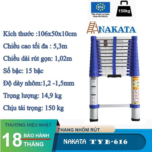 Thang nhôm rút đơn NAKATA 5m4 - TYB616 (Đai Xanh) TYB616