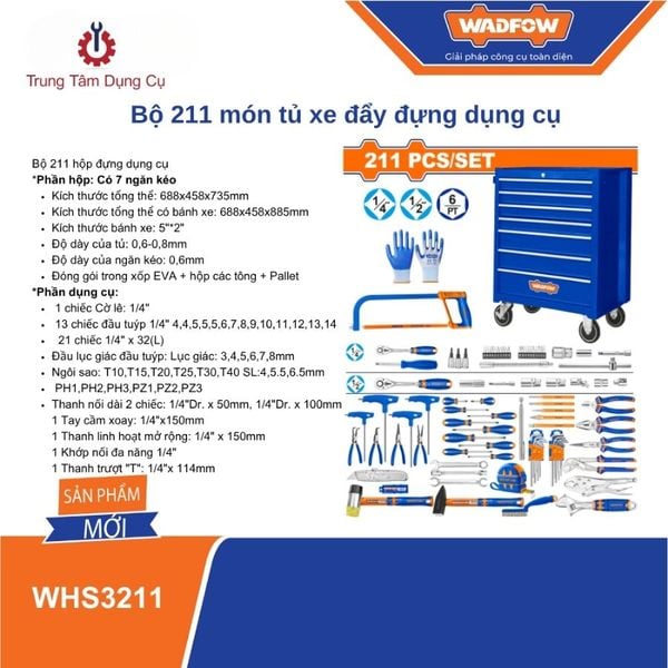 Bộ 211 món tủ xe đẩy đựng dụng cụ WADFOW WHS3211