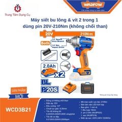 Máy siết bu lông & vít 2 trong 1 dùng pin 20V-210Nm (không chổi than) WADFOW WCD3B21