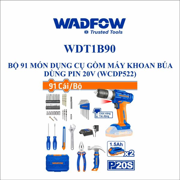 Bộ 91 món dụng cụ gồm Máy khoan búa dùng pin Lithium-ion 20V(WCDP522) Wadfow WDT1B90
