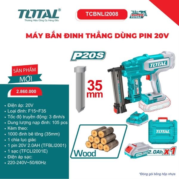MÁY BẮN ĐINH THẲNG DÙNG PIN 20V TOTAL TCBNLI2008